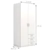 A white wardrobe with two doors and three drawers, with dimensions indicated. Produktbild-Vorschau