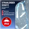 Close-up of a string of blue LED lights with snow falling, overlaid with marketing text and symbols. Produktbild-Vorschau