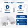 Marketing image showcasing a flexible white hose with text highlighting its features. Produktbild-Vorschau