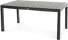 A rectangular outdoor dining table with a slatted gray top and black metal legs, shown against a white background. Náhled obrázku produktu