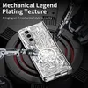 A futuristic scene with robotic arms presenting a phone case with a circuit board design. Produktbild-Vorschau