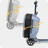 A close-up side view of a light blue scooter with a black suitcase attached, showing dimensions. Produktbild-Vorschau