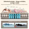 A woman sleeping on an inflatable mattress, with diagrams illustrating its features and benefits. Produktbild-Vorschau