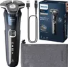 A Philips shaver, its charging cable, and a storage pouch are displayed against a white background, alongside its packaging. Anteprima dell’immagine prodotto
