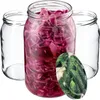 Three glass jars, one filled with red cabbage and two empty, with a lid featuring a print of pickles. Podgląd zdjęcia produktu