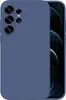 A close-up view of a blue phone case with a camera cutout, placed on a light gray background. Produktbild-Vorschau