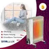 A woman sits by a window, looking out, while a portable oil heater is shown next to her, with its heating elements glowing. Produktbild-Vorschau