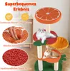 A cat tree with fruit-themed platforms and two cats on it, with marketing text and close-up material shots. Podgląd zdjęcia produktu