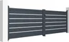 A dark gray double swing gate with horizontal white slats, shown from a slightly angled side view, standing between two white posts. Produktbild-Vorschau