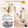 A cat tree with multiple levels and a hanging basket, featuring cats interacting with the product. Text highlights the use of real wood. Náhled obrázku produktu