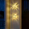Two star-shaped lights hang outside a building at night. Voir les images du produit