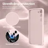 A pink phone case is shown with text describing its features, including drop protection and microfiber lining. Produktbild-Vorschau