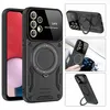 A collage of images showing a black phone case with a ring holder and magnetic mount feature. Produktbild-Vorschau