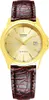 A close-up studio shot of a gold-colored Casio watch with a brown leather strap. Voir les images du produit