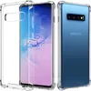 A clear protective case is shown on a blue Samsung Galaxy S10 phone. The phone and case are displayed from the front and back. Podgląd zdjęcia produktu