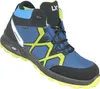 A single blue and black work boot with yellow accents is shown against a white background. Produktbild-Vorschau
