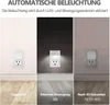 A collage of three images showing a plug-in night light in different lighting conditions and states of operation. Produktbild-Vorschau