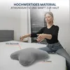 A woman is sitting on a bed next to a pillow, with text overlays describing the material. Produktbild-Vorschau