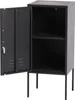 A black metal nightstand with one door open, revealing two shelves. The nightstand is on a white background and supported by four thin legs. Anteprima dell’immagine prodotto