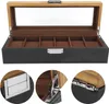 A collage of images showing an open wooden watch box with multiple compartments, and close-up views of its hardware. Produktbild-Vorschau