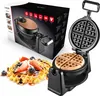 A waffle maker and a box of the waffle maker are shown, along with a plate of waffles. Podgląd zdjęcia produktu
