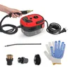 A portable steam cleaner with its accessories, including a hand holding the steam gun, a long nozzle, three brush heads, and a pair of gloves, all arranged on a white background. Produktbild-Vorschau