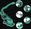A green metal hand press machine for eyelets, with close-up insets showing its components and operation. Anteprima dell’immagine prodotto