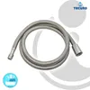 A coiled stainless steel shower hose with connectors on both ends, presented on a white and light gray background with brand logos. Produktbild-Vorschau