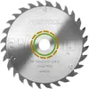 A close-up view of a circular saw blade with brand name and specifications printed on it. Voir les images du produit