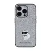 A silver glitter iPhone case with a Karl Lagerfeld Choupette logo. Produktbild-Vorschau