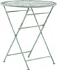 A light green metal folding table with a round, decorative top and an X-shaped base. Náhľad obrázku produktu