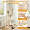 A multi-level cat tree with various platforms, a hammock, and two enclosed spaces, set up indoors near a window. Several inset images highlight the materials and construction. Anteprima dell’immagine prodotto