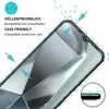Close-up of a smartphone screen protector being applied, with marketing text and arrows indicating fit. Produktbild-Vorschau