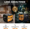 Two generators are shown, one in a workshop and one at a construction site at night. The image also shows icons and text related to power output and run time for different tools. Produktbild-Vorschau