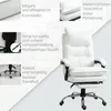 A white ergonomic office chair with various features highlighted by text overlays. Produktbild-Vorschau