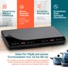 Marketing image of an induction cooktop with key features highlighted and cookware shown. Produktbild-Vorschau