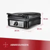 A black waffle maker with dimensions indicated by lines and text. Produktbild-Vorschau