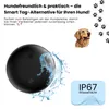 A product image featuring a black smart tag with water splashing on it, along with text and graphics related to pet tracking and waterproofing. Produktbild-Vorschau