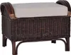 A dark brown rattan ottoman with a beige cushion sits on a white background.