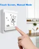 A hand is shown touching a smart thermostat mounted on a wall, with kitchen cabinets visible in the background. Produktbild-Vorschau