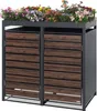 A four-unit trash bin enclosure with a planter on top, featuring doors with a dark brown wood-grain finish. Produktbild-Vorschau