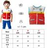 A child wearing a PAW Patrol Ryder costume, with a size chart and care instructions for the costume. Produktbild-Vorschau