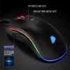 A close-up, angled view of a black gaming mouse with RGB lighting, set against a dark background. Text labels point to various features. Produktbild-Vorschau
