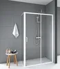 A modern bathroom with a white framed glass shower enclosure, a shower head, and a towel hanging on the wall. A small wooden stool with toiletries is placed in front of the shower. Anteprima dell’immagine prodotto