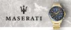 A Maserati watch is displayed next to the Maserati logo and brand name on a marble-like background. Produktbild-Vorschau