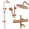 A collage of different views of a copper-colored shower set, including a shower head, hand shower, and faucet. Produktbild-Vorschau
