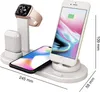 A white charging station for Apple devices, including an iPhone, Apple Watch, and AirPods, with dimensions indicated. Produktbild-Vorschau