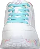 A close-up front view of a white Skechers Uno Lite sneaker with blue laces and a colorful patterned sole. Voir les images du produit