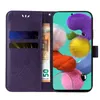A purple flip case for a Samsung Galaxy A51 phone, showing the phone screen with a colorful abstract wallpaper, and inside the case, there are slots for cards and a banknote. Produktbild-Vorschau