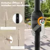 A collage of images showing different aspects of a beige umbrella, including its closed state, a close-up of the pole connection, a detail of the tie strap, and a close-up of the crank mechanism for opening and closing. Produktbild-Vorschau